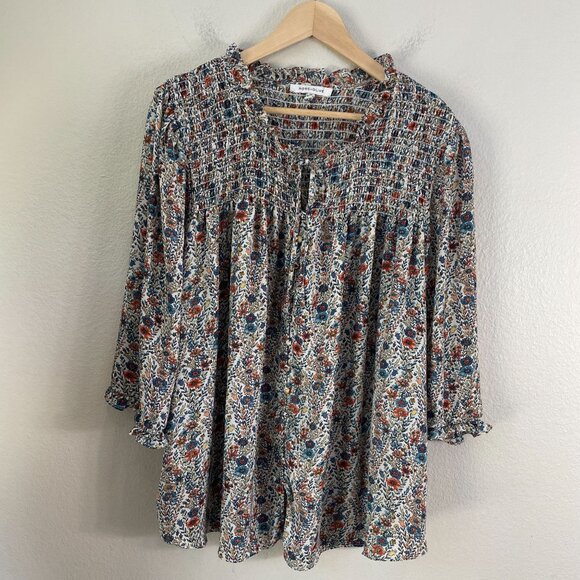 Rose+Olive Womens Plus 2X Floral Smocked Blouse Ruffled Neckline 3/4 Sleeves Top - Picture 7 of 11